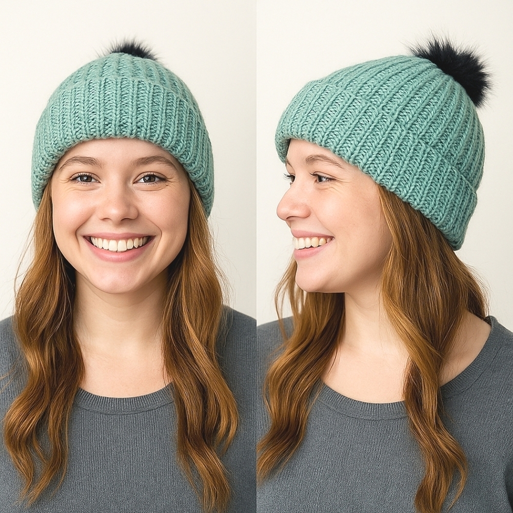 Hand Knit Green Beanie with Faux Fur Pompom
